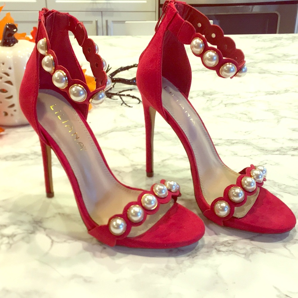 Brand New Red Heel with Pearl Accents